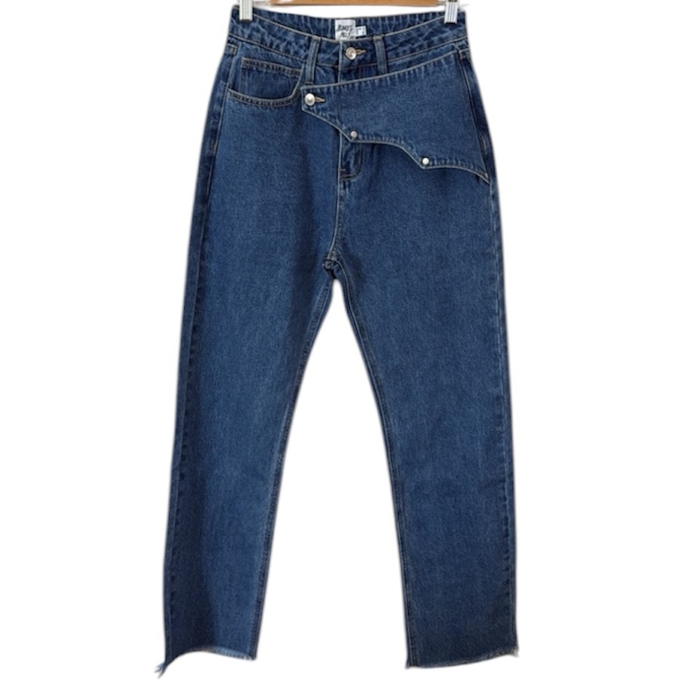 Princess Polly Reine Yolk Detail Denim Blue High Waisted Frayed Hem Jeans Size 4